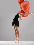 Ballet, woman or dancer with training, performance or prepare for a show on white studio background. Female performer, ballerina or artist with technique, practice routine or elegant art with fitness