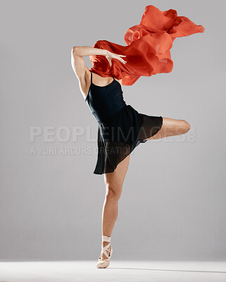 Buy stock photo Fashion fabric, ballerina or woman in studio on mockup space for wellness, freedom or creative performance. Red cloth, dancer or girl ballet moving or dancing in training exercise on white background