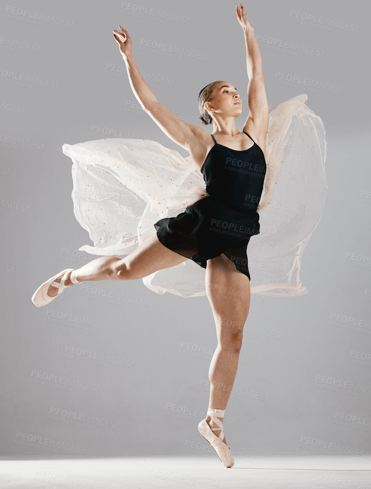 Buy stock photo Ballet, woman or dancer with pose, training or performance on white studio background. Female performer, ballerina or artist with technique, stretch for a show or elegant art with creative or fitness