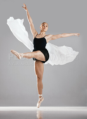 Buy stock photo Ballet, woman and dancer with portrait, training and practice routine on white studio background. Female performer, ballerina or artist with technique, prepare for a show and creativity or style