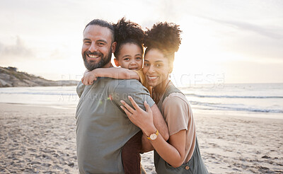 Buy stock photo Portrait, hug and family with sunset, beach and love with vacation, journey and ocean getaway. Happy parents, mother or father with girl, child or embrace with seaside holiday, adventure and travel