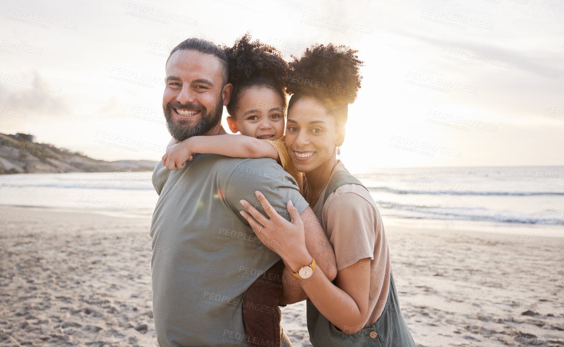 Buy stock photo Portrait, hug and family with sunset, beach and love with vacation, journey and ocean getaway. Happy parents, mother or father with girl, child or embrace with seaside holiday, adventure and travel