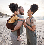 Piggyback, family and smile at beach at sunset, bonding and having fun together. Happy, mother and father of kid at ocean in interracial care on summer holiday, vacation trip or travel outdoor at sea