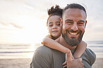 Portrait, father and child at beach at sunset, happy or bonding outdoor. Face, smile and dad of kid at ocean in foster care, interracial and having fun on summer trip, vacation or travel mockup space