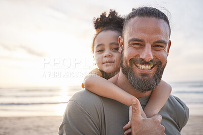 Buy stock photo Portrait, father and child at beach at sunset, happy or bonding outdoor. Face, smile and dad of kid at ocean in foster care, interracial and having fun on summer trip, vacation or travel mockup space