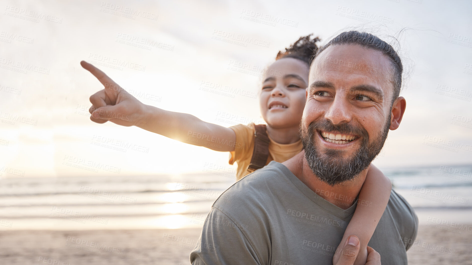 Buy stock photo Beach, sunset and father carrying his child for a walk on a family summer vacation or holiday. Adventure, explore and girl kid pointing at the view and bonding with dad by the ocean on a weekend trip