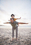 Beach, airplane and portrait of father with girl child in nature playing, games and bond on vacation together. Flying, smile and kid with parent at the sea the travel, piggyback and fun on Miami trip