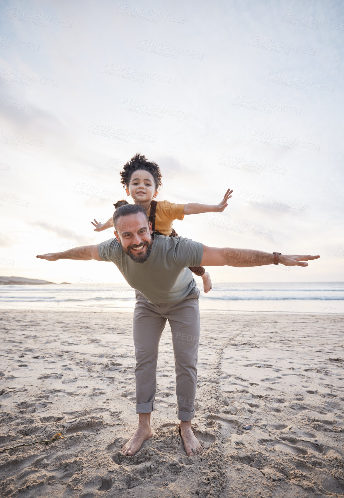 Buy stock photo Beach, airplane and portrait of father with girl child in nature playing, games or bond on vacation together. Flying, smile and kid with parent at the sea for travel, piggyback and fun on sunset trip