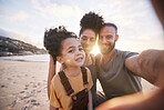 Portrait, family and selfie at beach at sunset, bonding and having fun outdoor. Face, smile and father, kid and mother at ocean in interracial, summer holiday or vacation to travel in profile picture