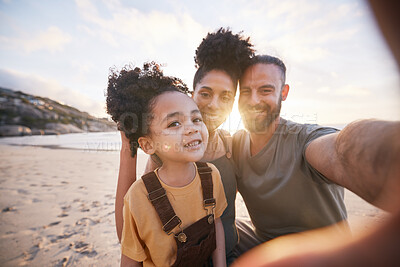 Buy stock photo Portrait, family and selfie at beach at sunset, bonding and having fun outdoor. Face, smile and father, kid and mother at ocean in interracial, summer holiday or vacation to travel in profile picture