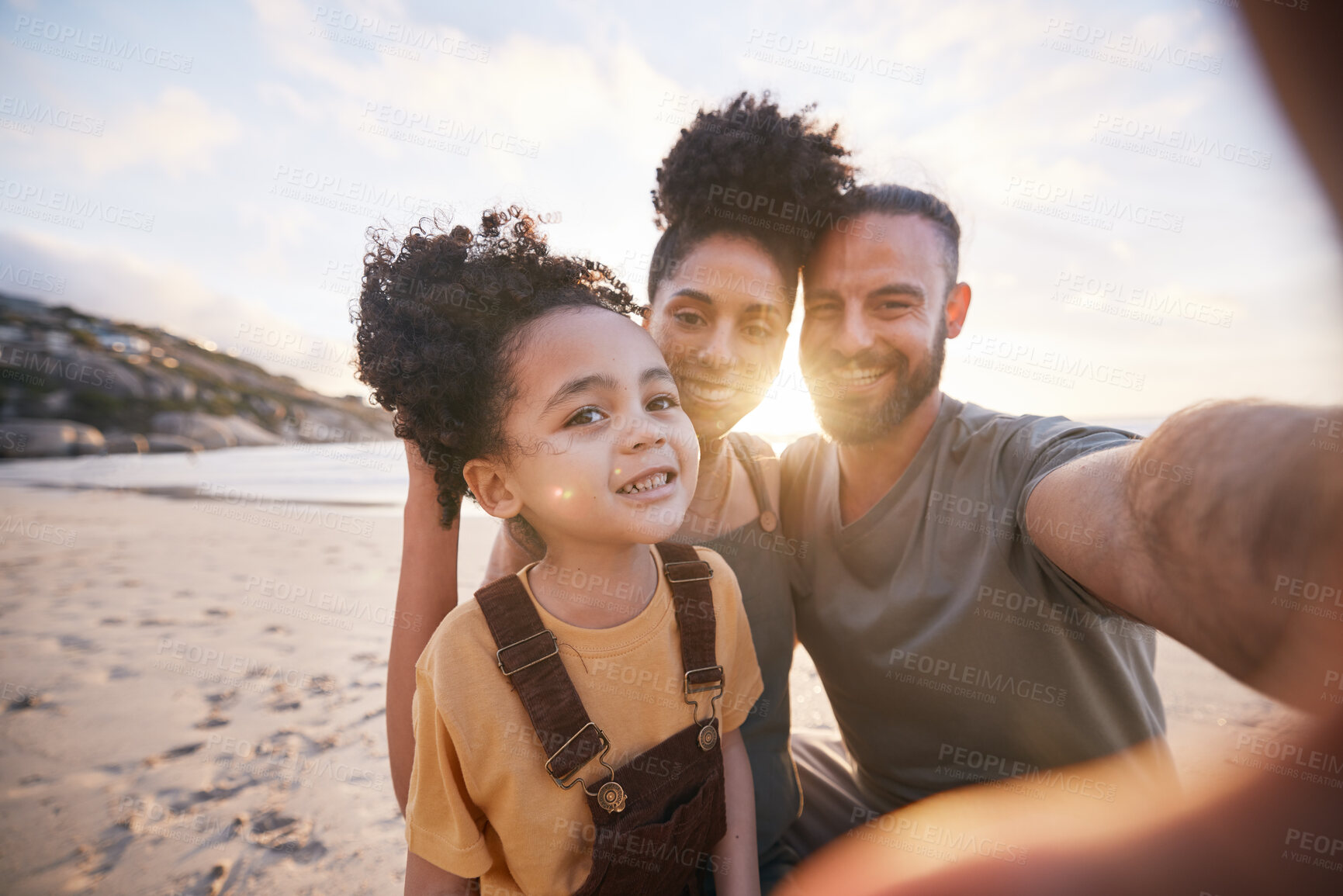 Buy stock photo Portrait, family and selfie at beach at sunset, bonding and having fun outdoor. Face, smile and father, kid and mother at ocean in interracial, summer holiday or vacation to travel in profile picture