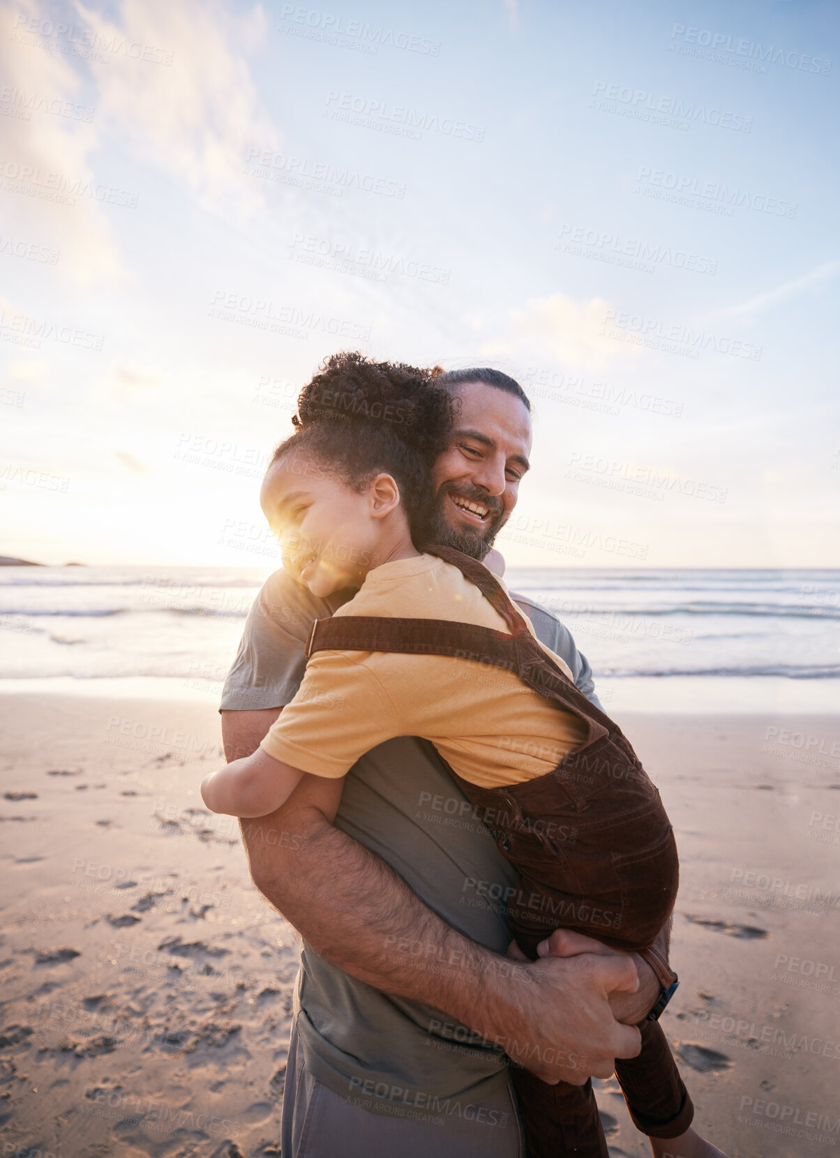 Buy stock photo Sunset, hug and father with girl, beach and bonding with love, affection and tropical island getaway. Parent, female child and kid with dad, embrace and seaside holiday with adventure and journey