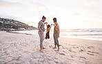 Sunset, swing and holding hands with family at beach for bonding, summer vacation and travel. Smile, happy and relax with parents and child walking on seaside holiday for love, freedom and support