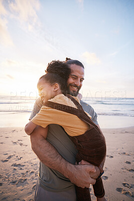 Buy stock photo Beach, hug and father with girl, smile and bonding with vacation, island travel and happiness. Parent, happy dad and kid embrace, child and seaside holiday with tropical getaway, adventure and love