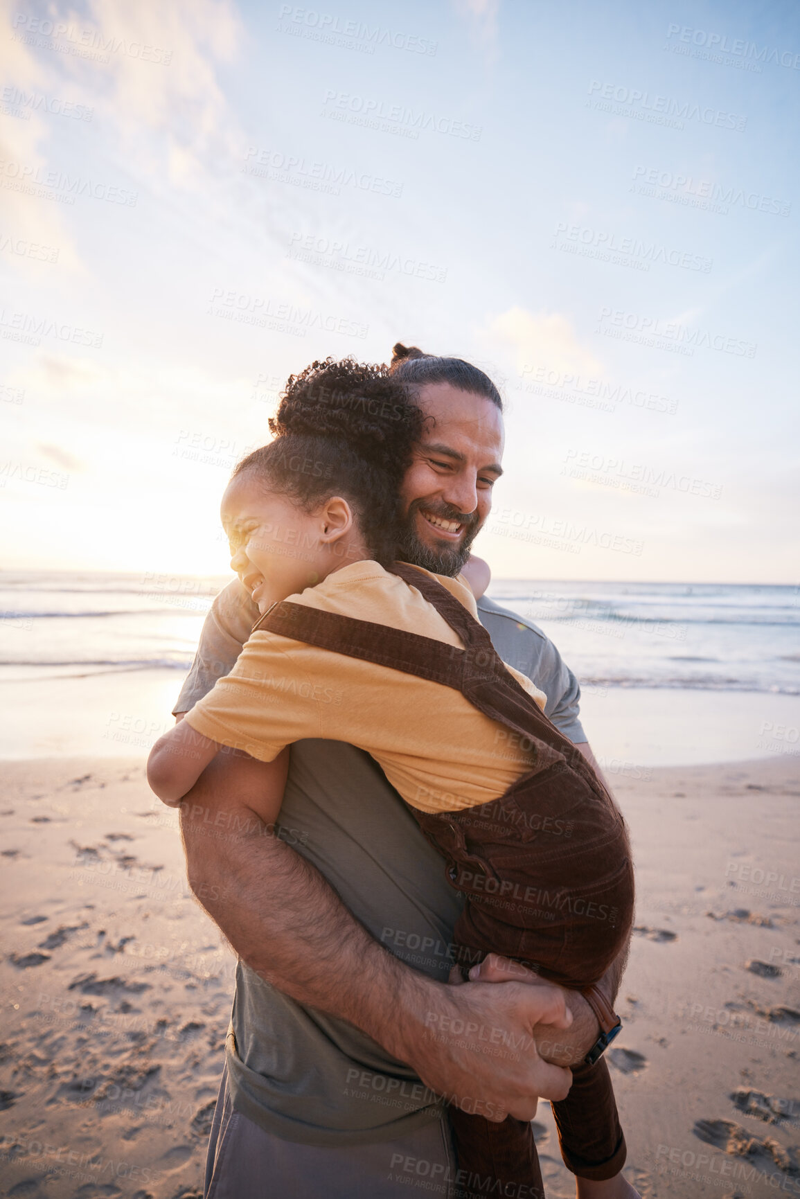 Buy stock photo Beach, hug and father with girl, smile and bonding with vacation, island travel and happiness. Parent, happy dad and kid embrace, child and seaside holiday with tropical getaway, adventure and love