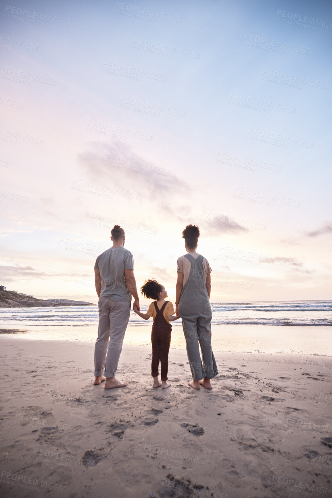 Buy stock photo Back view, family at beach and holding hands at sunset, bonding or fun outdoor on mockup space. Rear, sea and father, kid and mother at ocean in interracial care, summer holiday or vacation to travel