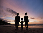 Shadow, family at beach and holding hands at sunset, bonding or outdoor on mockup space. Silhouette, sea and father, kid and mother at ocean in care, summer holiday and vacation to travel together