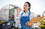 Farm, thinking and a woman with an egg for inspection and a clipboard for quality control. Chicken farming, sustainability and confused farmer person with organic produce outdoor for agriculture