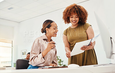 Buy stock photo Happy creative women, documents and designer in team planning, strategy or ideas together at office. Female person and colleague smile with paperwork in design for project startup at the workplace