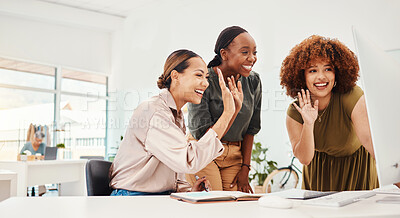 Buy stock photo Happy creative women, video call and meeting on computer in online collaboration or greeting at office. Group of female employees wave in hello, virtual communication or networking in startup at work