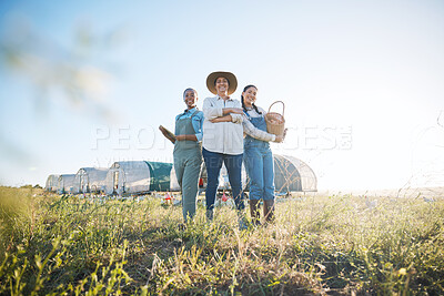 Buy stock photo Farmer team, women and together on a farm for inspection, production and quality control. Farming, sustainability and portrait of group of people with eggs outdoor for teamwork in countryside