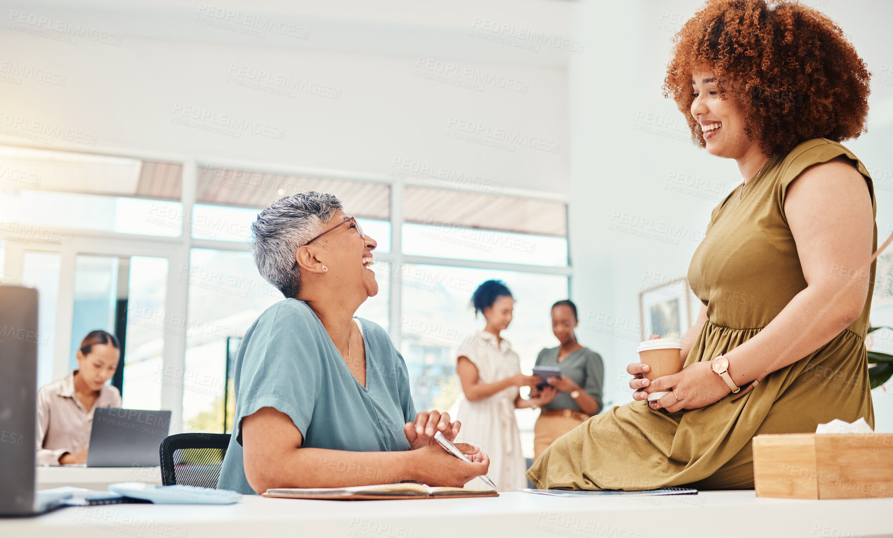 Buy stock photo Brainstorming, women and business people planning, cooperation and talking in a workplace. People, teamwork or partnership with ideas, collaboration and conversation with a new project and supportive