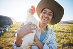 Chicken, farmer and smile in field, nature, countryside for agriculture, sustainability and ecology. Agro industry, woman and smile in outdoor environment holding livestock for growth and production 
