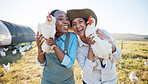 Portrait, teamwork or farmers chicken on farm or field harvesting poultry livestock in small business. Dairy production, collaboration or happy women with animal, hen or rooster for sustainability