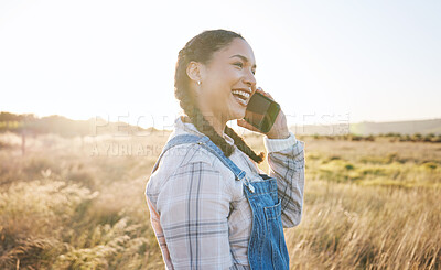 Buy stock photo Happy woman, farm or phone call for talking, speaking or networking with contact in conversation. Smile, farmer or small business owner on mobile communication for agriculture or sustainability ideas