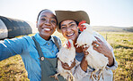 Smile, selfie or farmers on a chicken farm in countryside on field harvesting livestock in small business. Social media, happy or portrait of women with animal birds to take photo for farming memory