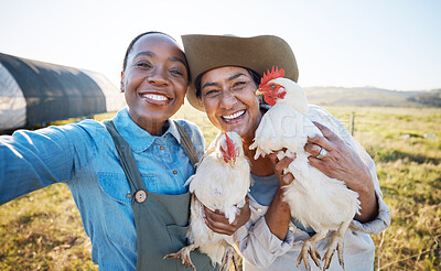 Buy stock photo Smile, selfie or farmers on a chicken farm in countryside on field harvesting livestock in small business. Social media, happy or portrait of women with animal birds to take photo for farming memory