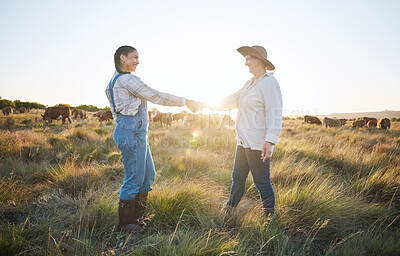 Buy stock photo Farmers, shaking hands or b2b partnership deal for sustainability, agriculture or meat production on field. Success, handshake or happy people meeting in cattle farming small business collaboration