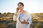 Happy, woman and farmer with phone call in countryside, morning or person on farm with smile for conversation in nature. Live stock, worker and rural social network, connection and communication 