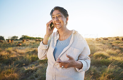 Buy stock photo Happy, woman and farmer with phone call in countryside, morning or person on farm with smile for conversation in nature. Live stock, worker and rural social network, connection and communication 