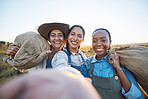 Selfie, agriculture and woman friends on farm for cattle, livestock or feeding together. Portrait, happy and farmer team smile for profile picture, social media or agro startup or small business blog