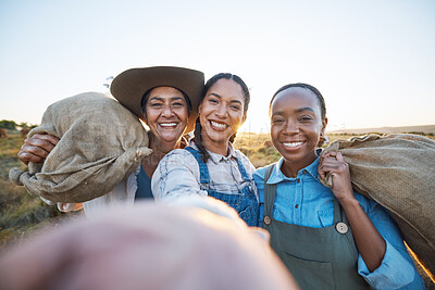 Buy stock photo Selfie, agriculture and woman friends on farm for cattle, livestock or feeding together. Portrait, happy and farmer team smile for profile picture, social media or agro startup or small business blog