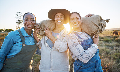 Buy stock photo Agriculture, portrait and woman friends on farm for cattle, livestock or feeding together. Face, happy and lady farmer team smile for industry growth, small business or harvest success in countryside