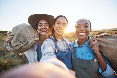 Buy stock photo Agriculture, selfie and woman friends on farm for cattle, livestock or feeding together. Portrait, happy and farmer team smile for profile picture, social media or agro startup or small business blog