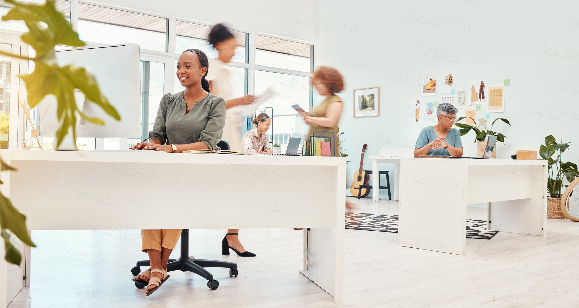 Buy stock photo Happy, coworking speed and a busy office of women for business, corporate career and staff. Smile, diversity and a fast group of employees in the workplace with motion at a company in the workforce