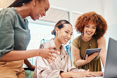 Buy stock photo Employees, teamwork and planning on tech in office with creative, ideas for digital marketing strategy on computer or tablet. Online, advertising and women in Colombia working together in startup