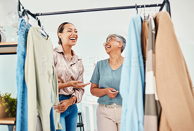 Buy stock photo Smile, customer and employee with fashion, sales and funny with clothes, service and conversation. Women, people and client with shop assistant, retail and product with luxury, shopping and discount