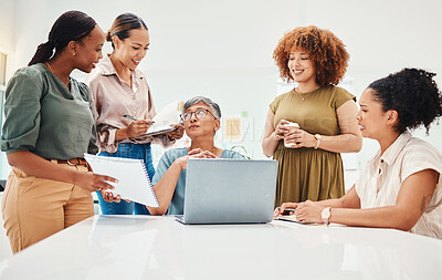 Buy stock photo Laptop, document and women in office in discussion for teamwork brainstorming with manager. Diversity, planning and professional people with computer and paperwork for creative project in workplace.