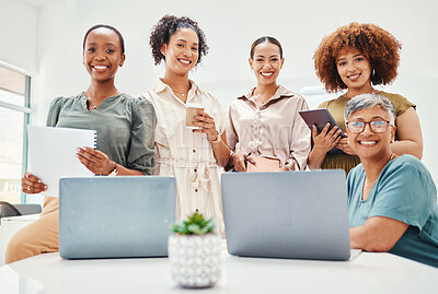 Buy stock photo Happy, portrait and women in a business meeting for planning, teamwork or collaboration. Smile, working and diversity of group of people in an office for strategy, partnership and career together
