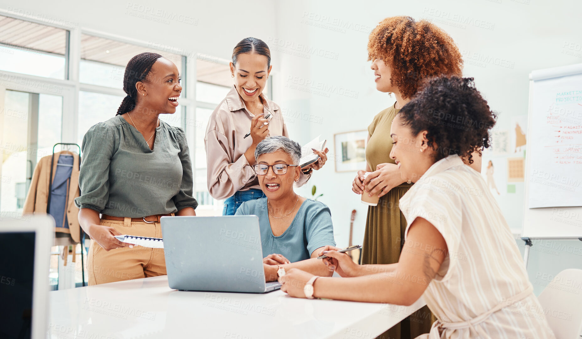 Buy stock photo Talking, meeting and women in fashion with a laptop for advice, communication or styling training. Discussion, happy and group of people in retail or boutique speaking about planning of clothes