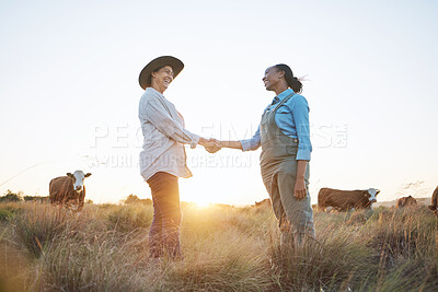 Buy stock photo Farm, handshake and women with b2b sale, deal or agreement for small business partnership. Agro, thank you and farmer people shaking hands for farming, collaboration and cattle supply chain support