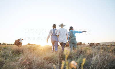 Buy stock photo Farm, agriculture and women in field with cow pointing for inspection, livestock health or ecology. Agro business, countryside and people with cattle for dairy, beef production or sustainable farming