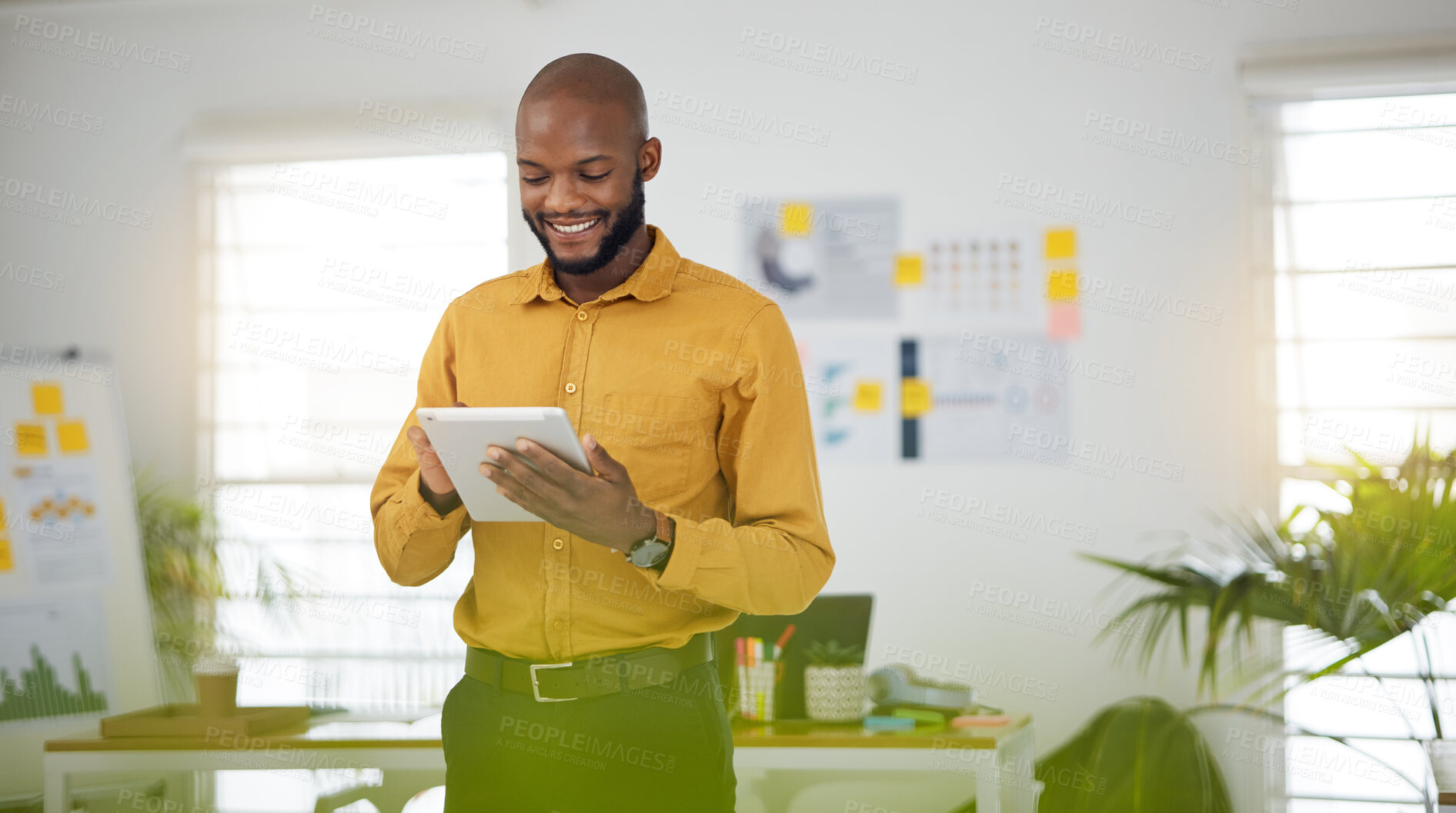 Buy stock photo Black man in office with smile, tablet and email research for business website, online report or social media. Internet, digital app and businessman in workplace with web schedule and confidence.