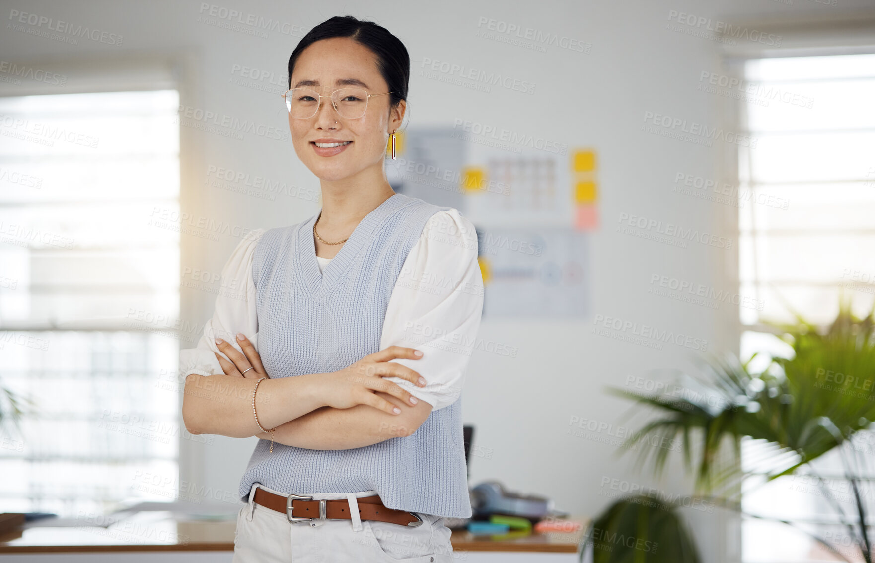 Buy stock photo Asian architect, woman and portrait with arms crossed in Singapore, office or workplace for planning a project in startup. Happy, employee and face of person working in architecture with confidence