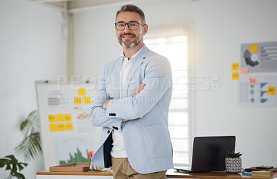 Buy stock photo Entrepreneur, mature man and portrait with arms crossed in London, office or workplace for planning a project in startup. Happy, employee and face of businessman working or confidence of business ceo