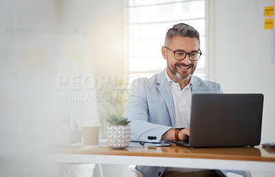 Buy stock photo Happy business man typing on laptop for email update, online project and reading digital report with mockup space. Mature manager, entrepreneur and working on computer for research, planning and info